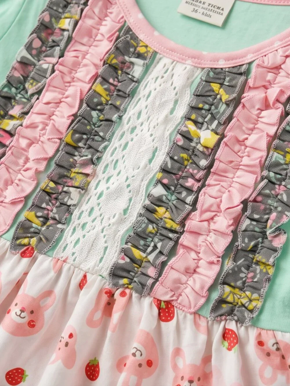 Adorable Mint Pink Ruffle Cute Bear Cotton Short Sleeve Dress